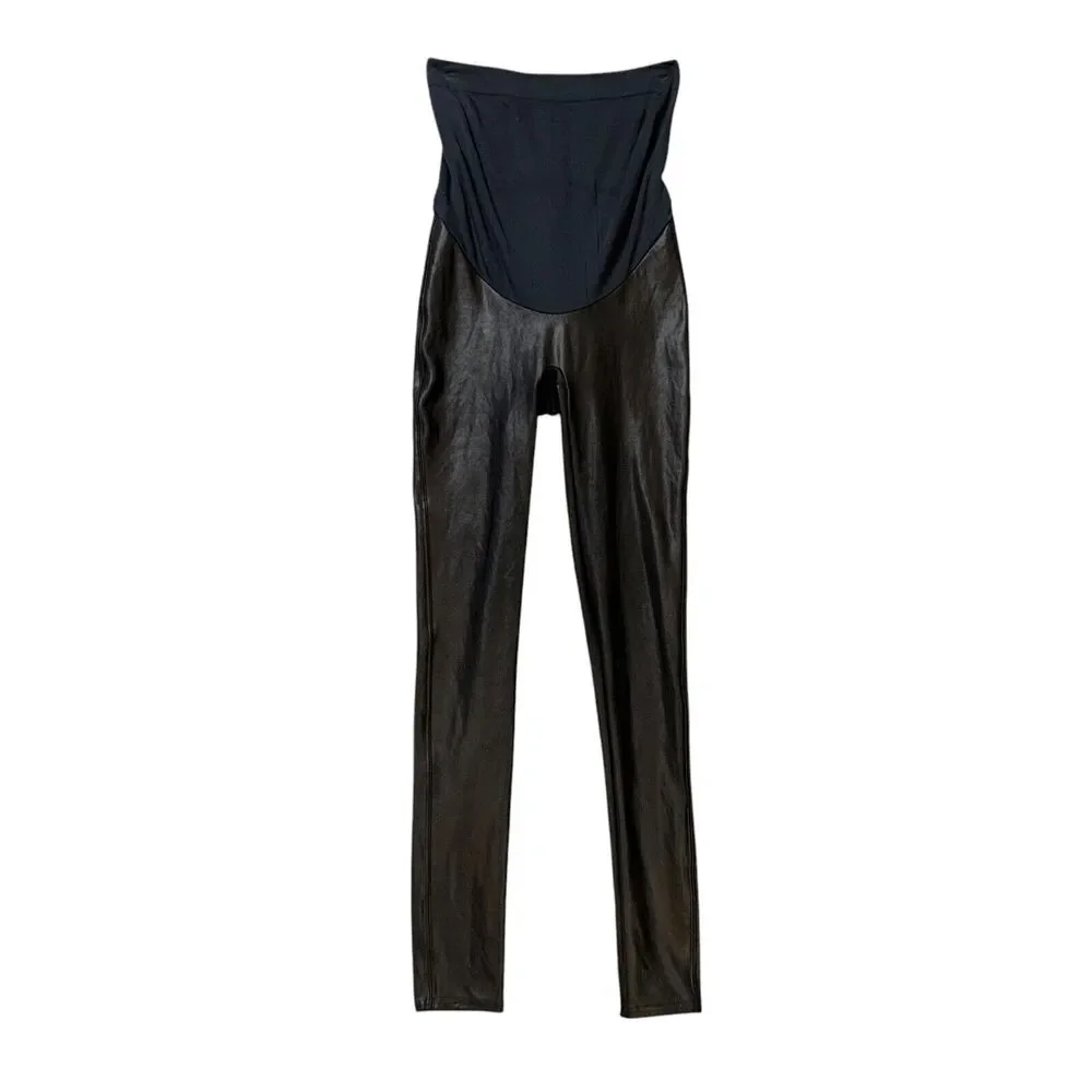 Spanx Leggings Womens S Small Black Mama Faux Leather Maternity Coated Stretch